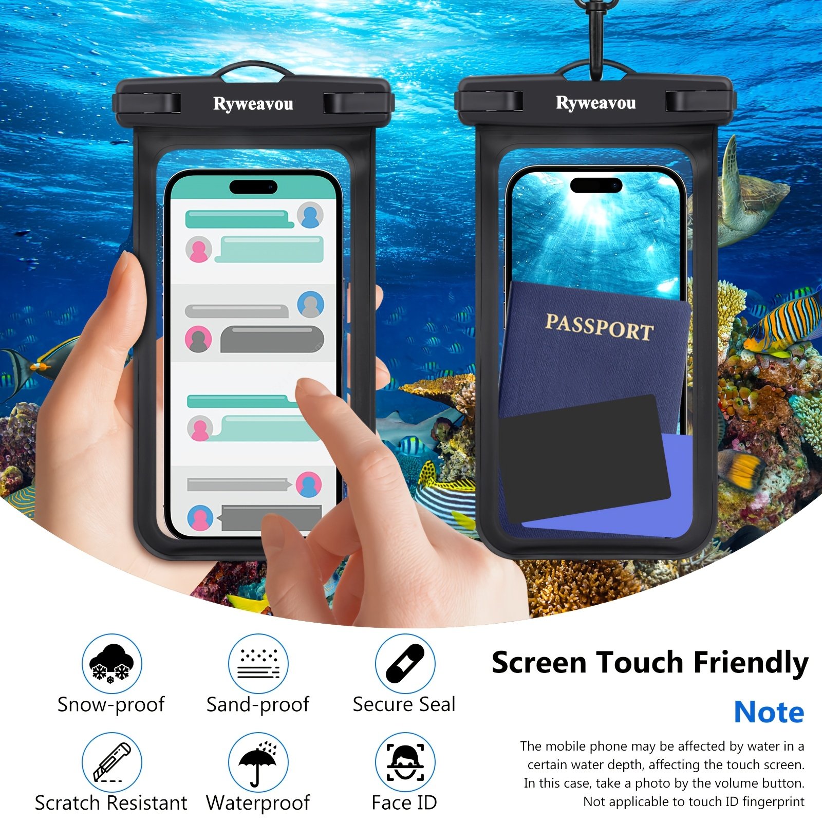 Ryweavou 2-Pack 7-Inch Waterproof Phone Pouch, PVC Dry Bag for iPhone 16 Pro/15/14/13/12/11 Pro Max/XS Plus/Galaxy, Completely Waterproof for Diving, Swimming, Snorkeling, Beach Activities - Black - Image 4
