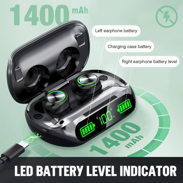 [1pair Wireless Earbuds with 200H Playtime] Wireless Earbuds V5.3, Hi-Fi Stereo Sound, Touch Control, Noise Cancelling Voice Call, 200H Playtime, 1400mAh Case with LED Power Display, Type-C USB Charging, IPX7 Waterproof, with Compatible Cellphones for Wir - Image 2