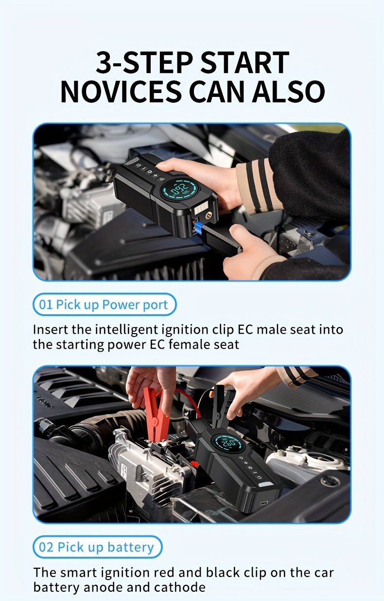 8000mAh Emergency Car Jump Starter Power Bank with Digital Display, Portable USB-C Charging Air Compressor, 12 Safety Protections, Fast Inflation in 10 Seconds, Rechargeable Lithium Polymer Battery for Tire Inflation and Multi-Functional Lighting - Image 17
