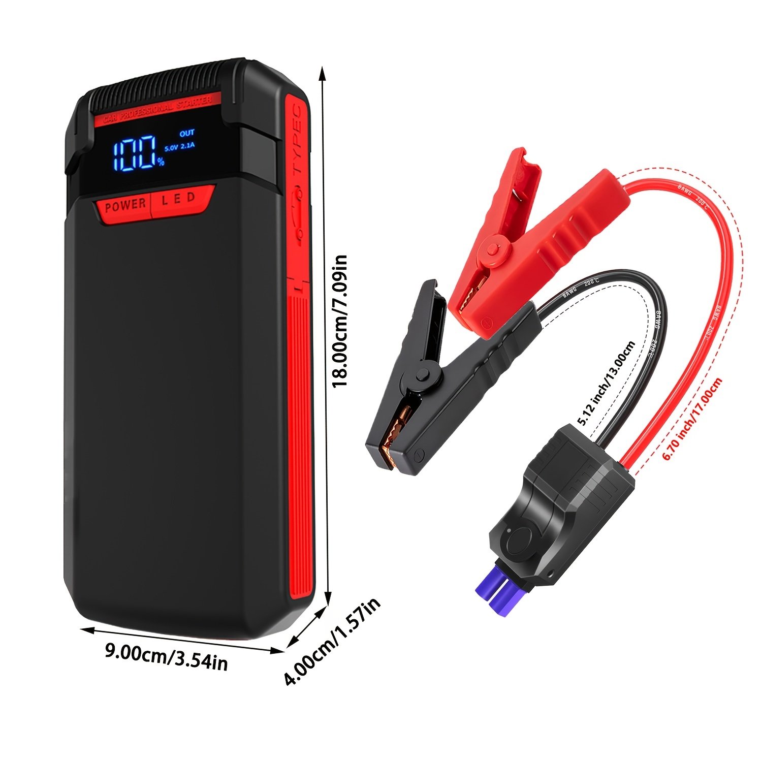 Portable 1000A Jump Starter for 6.0L Gas/3.0L Diesel, 12V Car Battery Jumper with USB Ports, 3 Mode Flashlight, LED Display, Digital, USB Type-C, Lithium Polymer Rechargeable Battery, ≤36V Operating Voltage, 10 Output Power - Image 2
