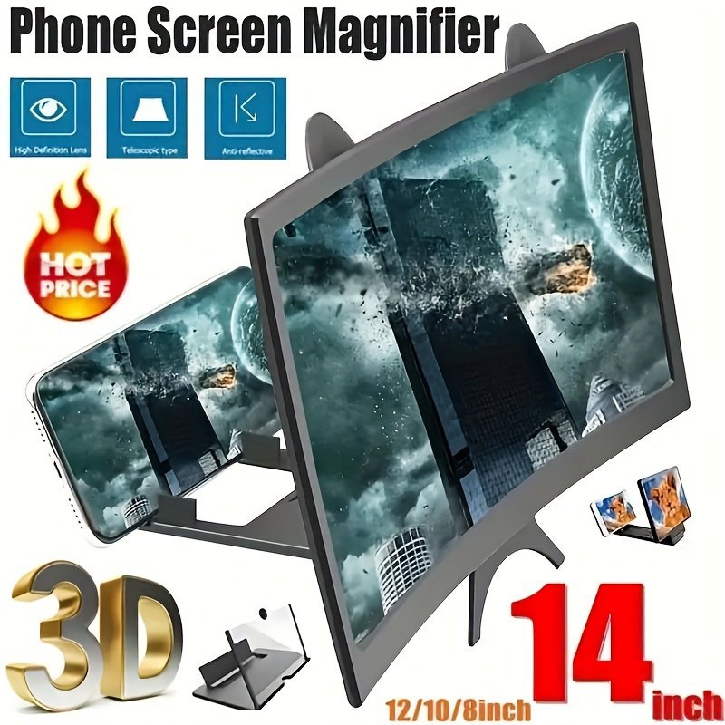 14-Inch 3D Smartphone Magnifier: HD Curved Screen Amplifier with Foldable Stand, Compatible with All Smartphones - Portable Movie, Video, and Gaming Display Accessory, Battery-Free