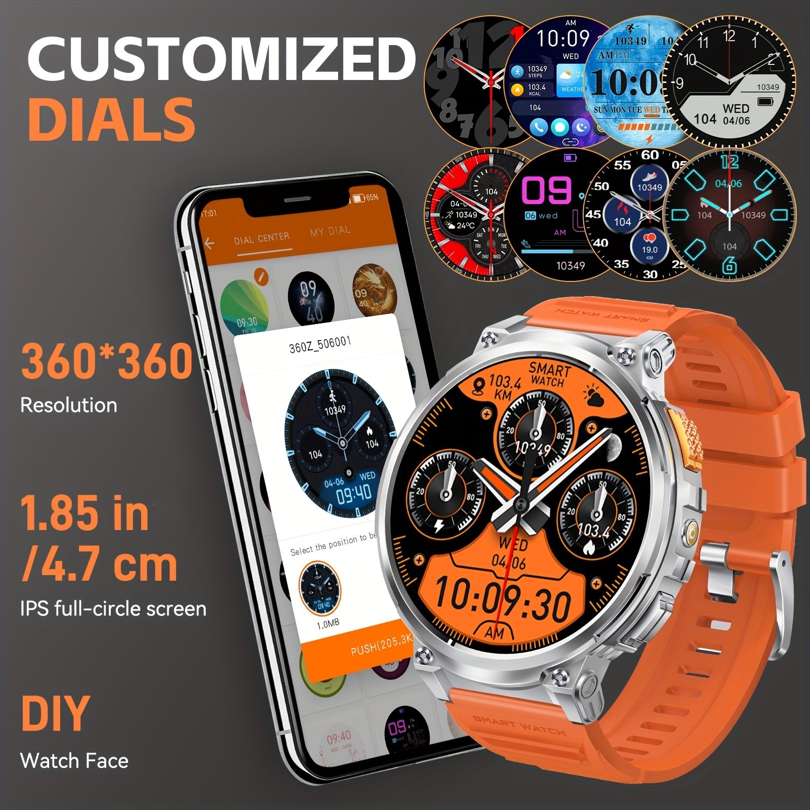 INEYES Men's Smartwatch For Android Phone With LED Flashlight And 1.85-Inch Full Touch Screen, Outdoor Sports Smart Watches For Women With 730mAh Large Capacity Battery, Smart Watch For Men With Wireless Call, Message Reminder, Women's Smartwatches For IP - Image 2