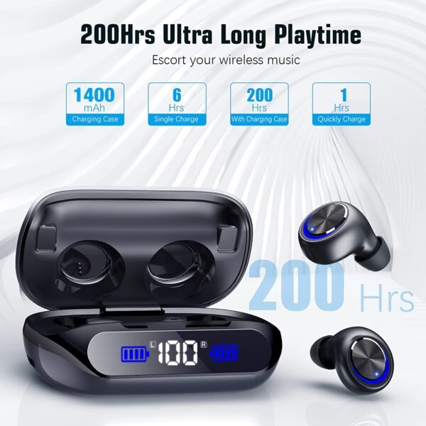 200-Hour Playtime Wireless Earbuds with 1400mAh Charging Case - HD Calls, Deep Bass, ENC Noise Cancellation, IPX7 Waterproof, Touch Control for Running & Workouts, Earbuds Wireless - Image 3