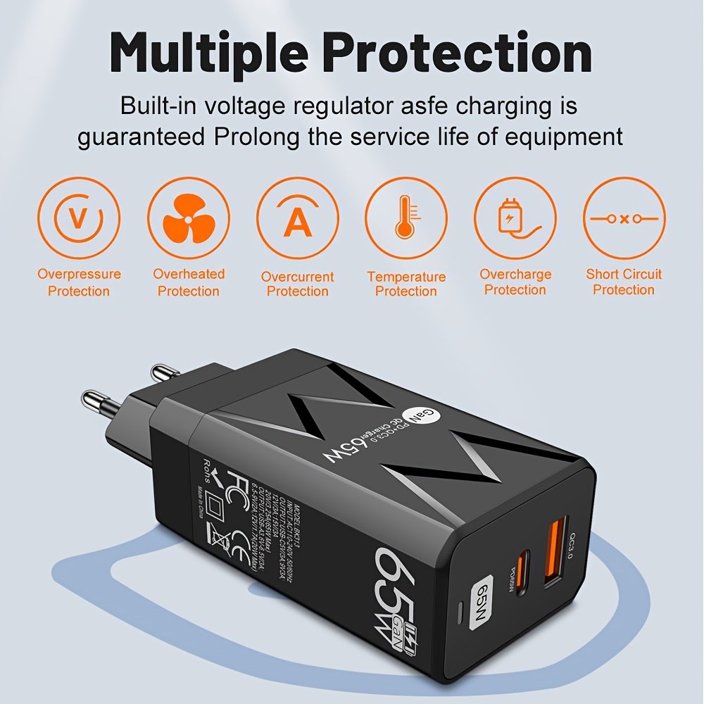 PD 65W + USB 20W GaN Charger Dual Ports USB C EU Plug Wall Charger, Type-C QC3.0 Mobile Phone Fast Charging Adapter, 2 Ports Protable Travel Charger - Image 9