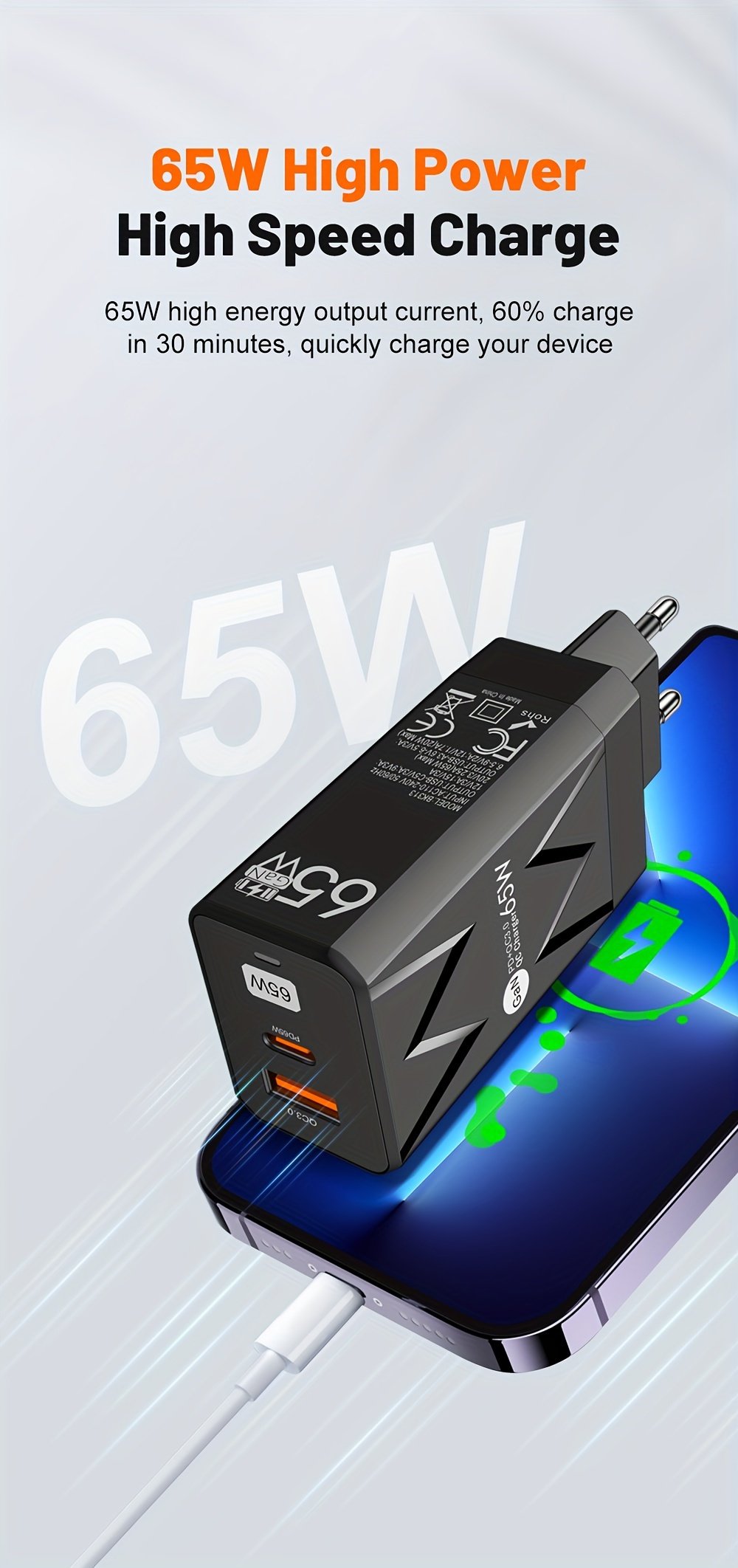 PD 65W + USB 20W GaN Charger Dual Ports USB C EU Plug Wall Charger, Type-C QC3.0 Mobile Phone Fast Charging Adapter, 2 Ports Protable Travel Charger - Image 14