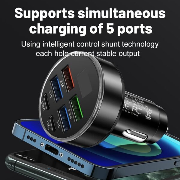 XJDR Silvery/Golden/Black Fast Charge 6 Port Car Phone Charger - QC3.0, Dual USB-C Power Adapter with LED Display for Vehicles - Image 8