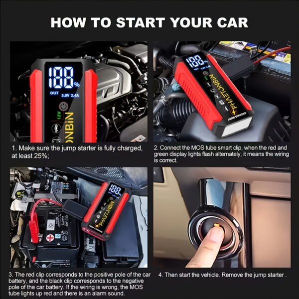 Phaetonbin Car Battery Jump Starter, 1500A Jump Starter Battery Pack, Suitable for Up to 6.0L Gasoline And 3.0L Diesel Engines, 12V Portable Jump Box with 3-Mode Flashlight, LCD Display, USB Port, And Jumper Cables. - Image 6