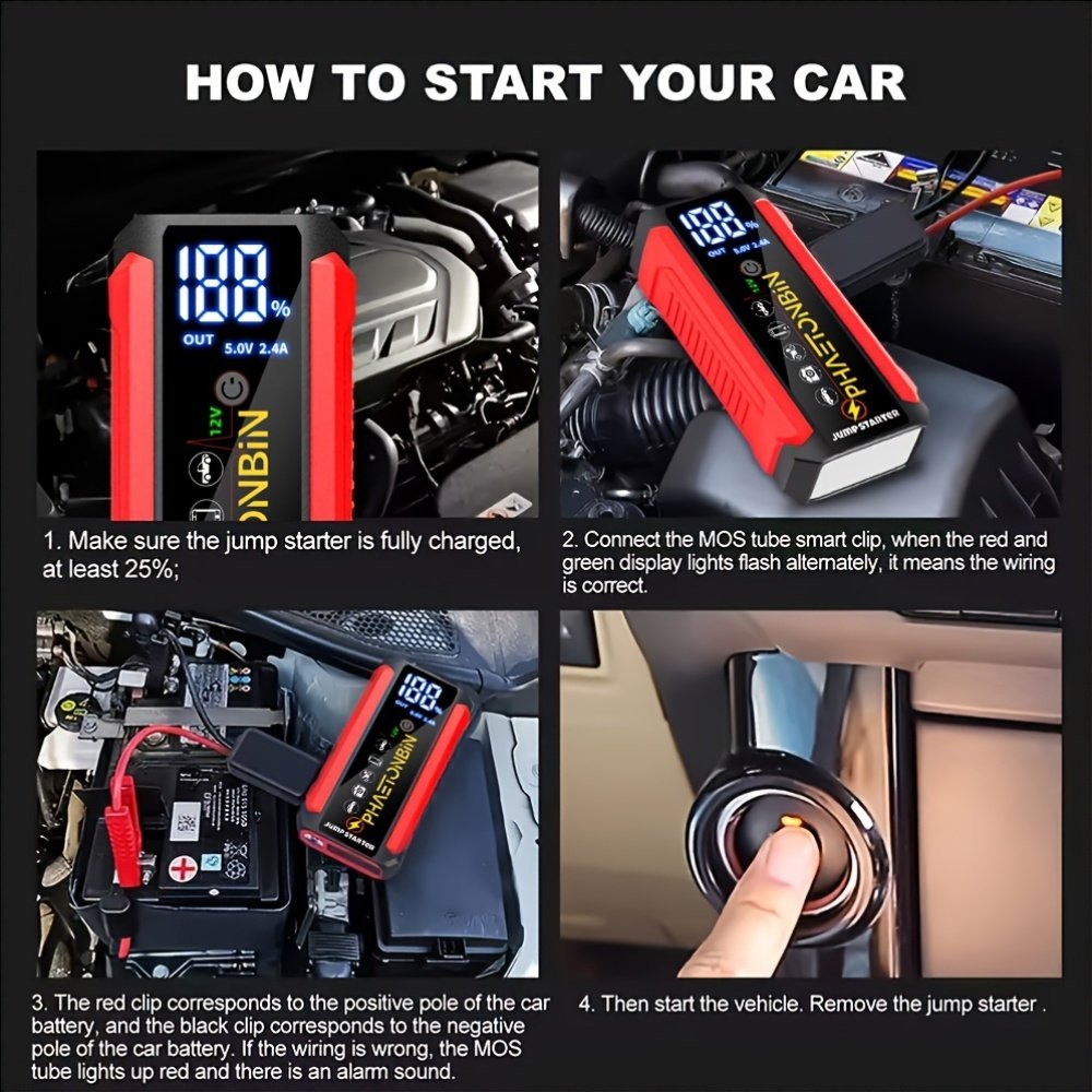 Phaetonbin Car Battery Jump Starter, 1500A Jump Starter Battery Pack, Suitable for Up to 6.0L Gasoline And 3.0L Diesel Engines, 12V Portable Jump Box with 3-Mode Flashlight, LCD Display, USB Port, And Jumper Cables. - Image 6