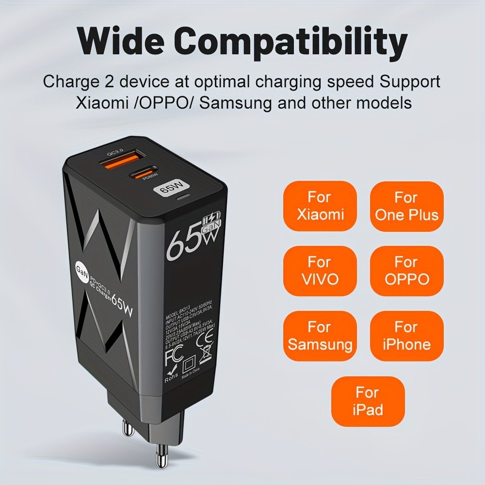 PD 65W + USB 20W GaN Charger Dual Ports USB C EU Plug Wall Charger, Type-C QC3.0 Mobile Phone Fast Charging Adapter, 2 Ports Protable Travel Charger - Image 11