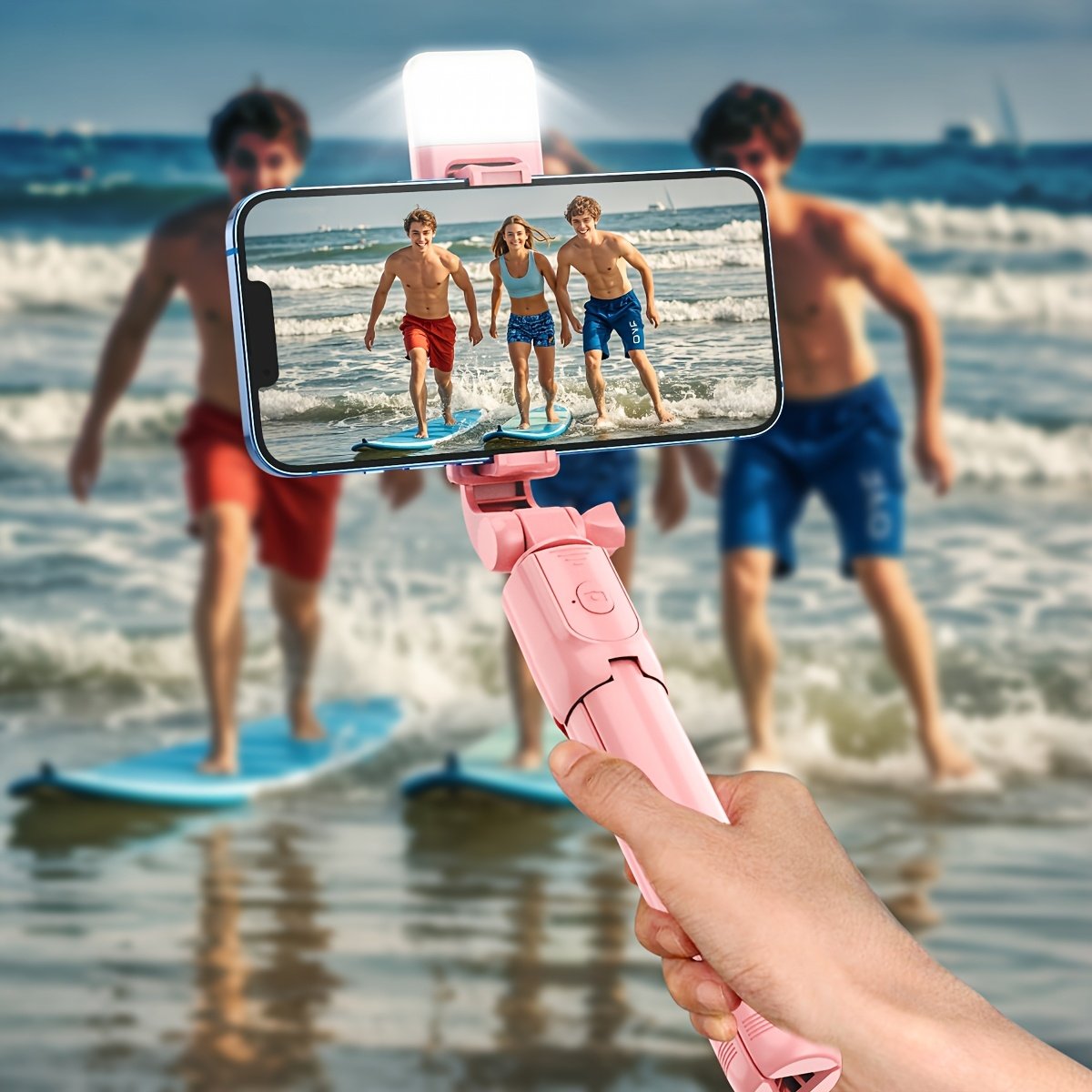 Wireless Selfie Stick Tripod, Pink Multi-Size with Beauty Light, 360° Rotating, Portable Remote Control Handheld Live Streaming Stand, Anti-Shake Gimbal Stabilizer, Battery Powered (Button Battery, ≤36V) - Image 3