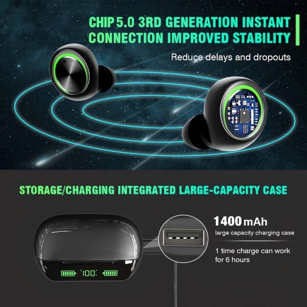 [1pair Wireless Earbuds with 200H Playtime] Wireless Earbuds V5.3, Hi-Fi Stereo Sound, Touch Control, Noise Cancelling Voice Call, 200H Playtime, 1400mAh Case with LED Power Display, Type-C USB Charging, IPX7 Waterproof, with Compatible Cellphones for Wir - Image 5