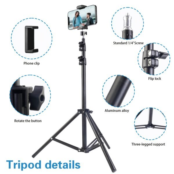 160.02 Cm Mobile Phone Holder Tripod With Phone Clip, Expandable Metal Bracket, Portable Outdoor Shooting Tool, Outdoor Live Streaming Photography Tripod - Image 2