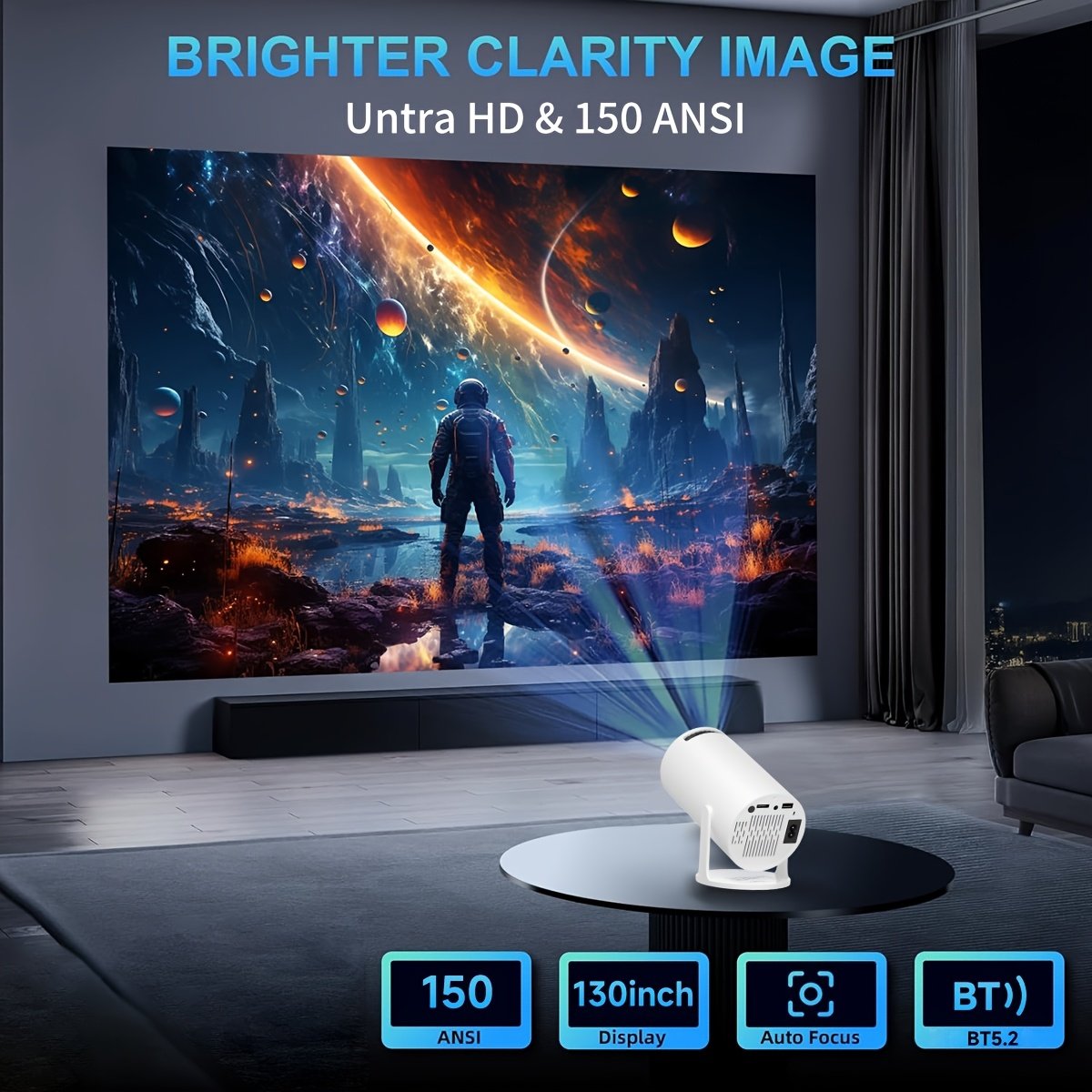Portable Mini Projector with Built-in Android 11.0, 150ANSI Lumens, WiFi6, 180° Rotatable, Table Mount, Remote Control, HD 720p, 16:9 Aspect Ratio, Compatible with Smartphone/USB, for Home Theater, Party, Christmas Gift - Image 4