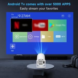 Portable Mini Projector with Built-in Android 11.0, 150ANSI Lumens, WiFi6, 180° Rotatable, Table Mount, Remote Control, HD 720p, 16:9 Aspect Ratio, Compatible with Smartphone/USB, for Home Theater, Party, Christmas Gift