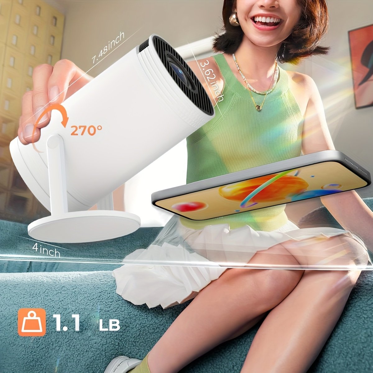XYA Mini Projector, 1080P HD LCD Display, 4:3 Aspect Ratio, 100-199 Lumens, Table Mount, Remote Control, Auto Keystone, 180° Rotation, 3.3meter Screen, for Laptop/PC/Smartphone, No Battery, C-Plug, White - Image 6