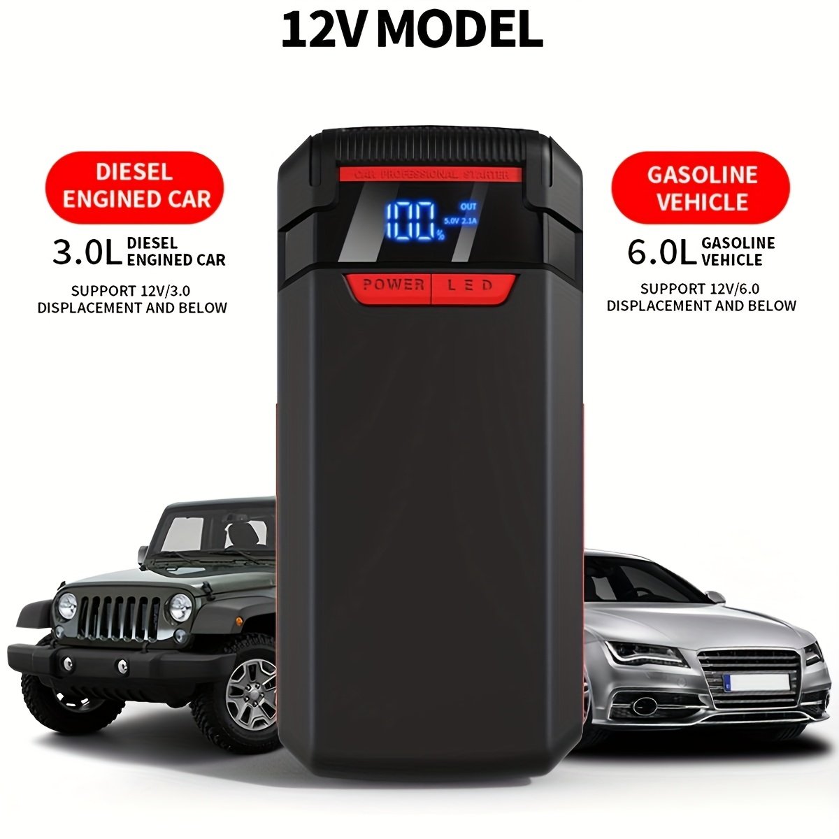 Portable 1000A Jump Starter for 6.0L Gas/3.0L Diesel, 12V Car Battery Jumper with USB Ports, 3 Mode Flashlight, LED Display, Digital, USB Type-C, Lithium Polymer Rechargeable Battery, ≤36V Operating Voltage, 10 Output Power - Image 3