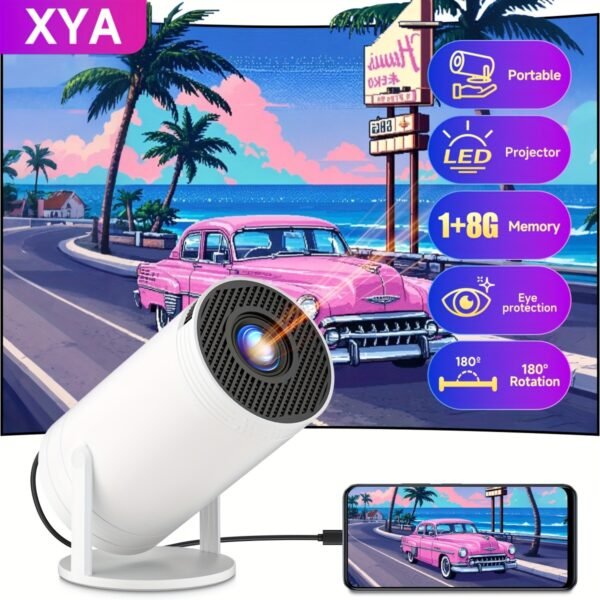 XYA Mini Projector, 1080P HD LCD Display, 4:3 Aspect Ratio, 100-199 Lumens, Table Mount, Remote Control, Auto Keystone, 180° Rotation, 3.3meter Screen, for Laptop/PC/Smartphone, No Battery, C-Plug, White