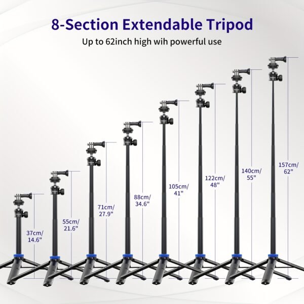 Rubesee 64-Inch Extendable Aluminum Alloy Selfie Stick Tripod, 8-Stage Adjustable Travel Stand with 2-in-1 Phone Clamp, 360° Ball Head for iPhone, Sony, Canon Cameras, Portable Vlogging Tripod - Image 7