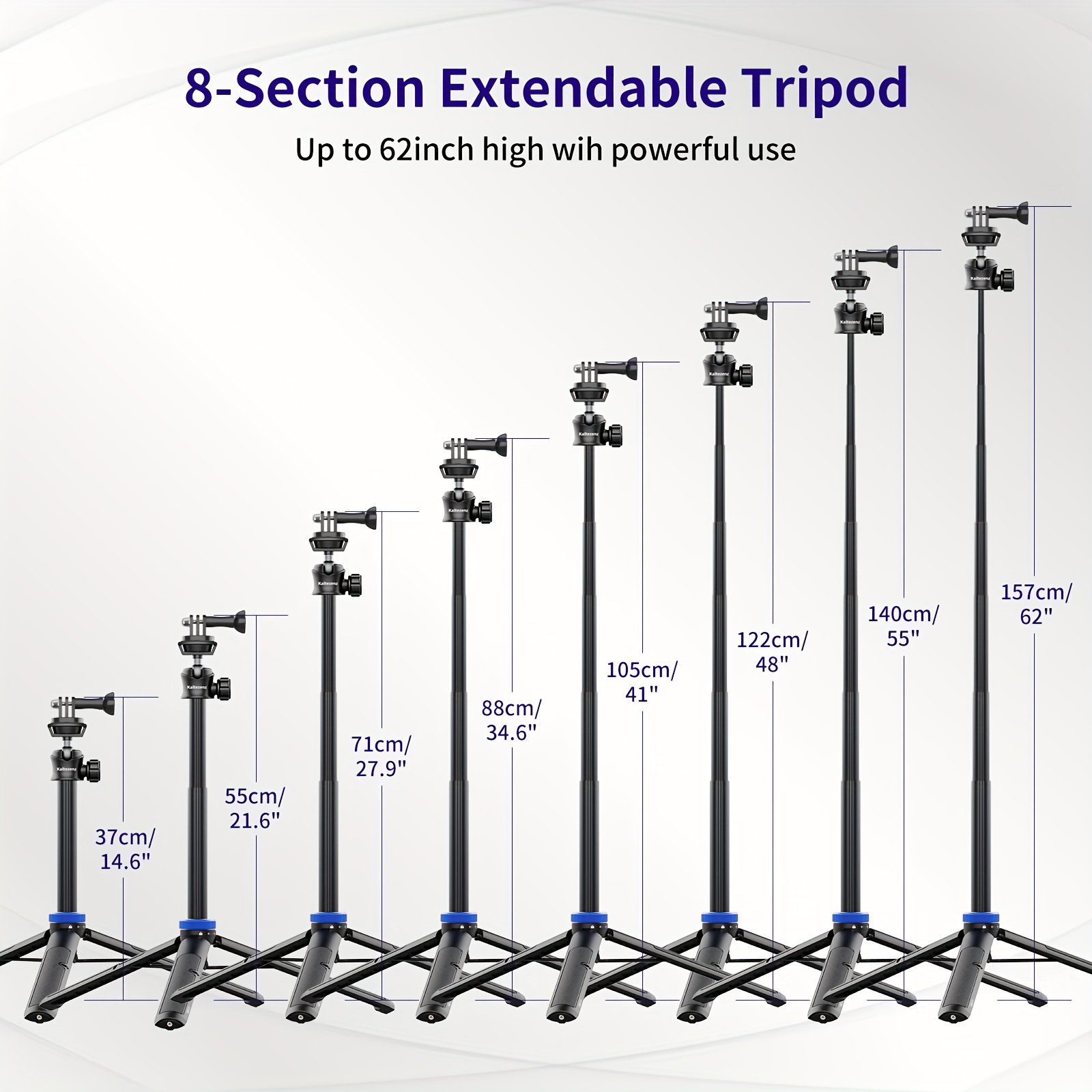 Rubesee 64-Inch Extendable Aluminum Alloy Selfie Stick Tripod, 8-Stage Adjustable Travel Stand with 2-in-1 Phone Clamp, 360° Ball Head for iPhone, Sony, Canon Cameras, Portable Vlogging Tripod - Image 7