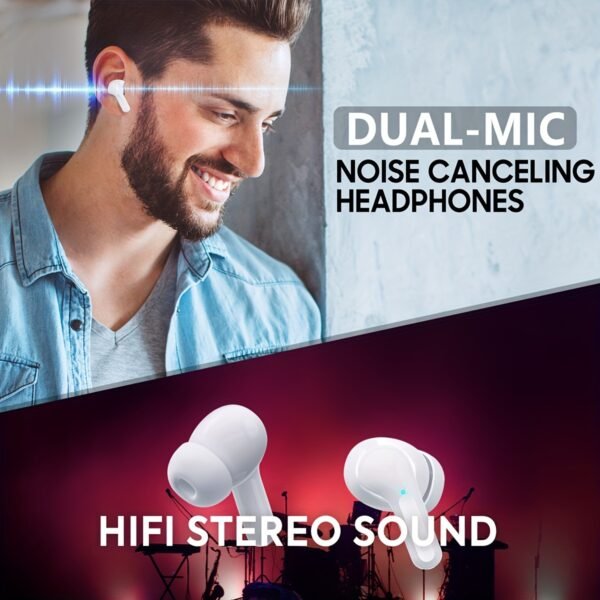 Wireless V5.3 Earbuds with 400mAh Charging Case - Hi-Fi Stereo Sound, Noise-Canceling Mic, 35-Hour Playtime, USB-C Fast Charge, Touch Control for Running, Office & Cycling - White, Workout Earbuds|Modern Earbuds|Digital Display Case, Wireless Earbuds - Image 4