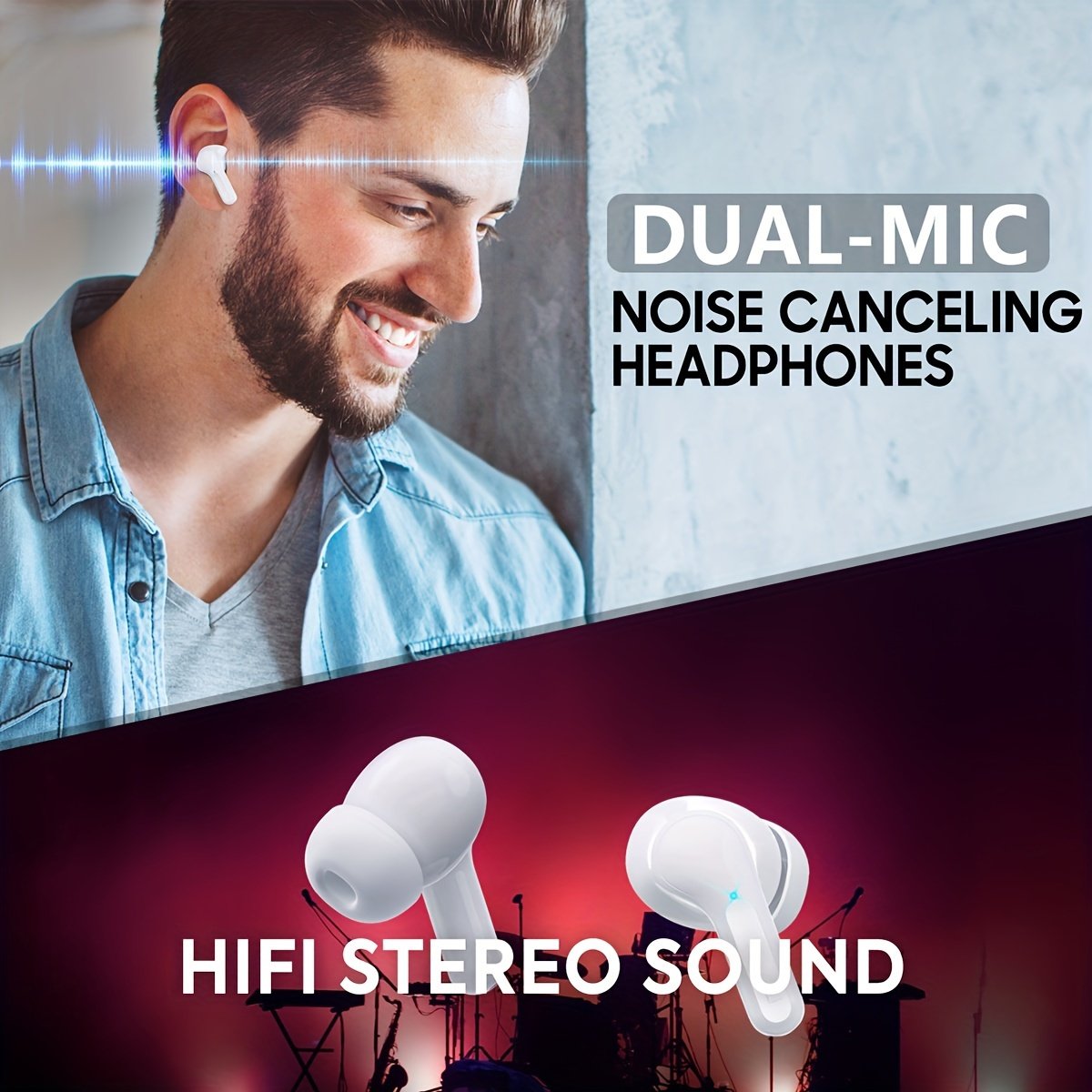 Wireless V5.3 Earbuds with 400mAh Charging Case - Hi-Fi Stereo Sound, Noise-Canceling Mic, 35-Hour Playtime, USB-C Fast Charge, Touch Control for Running, Office & Cycling - White, Workout Earbuds|Modern Earbuds|Digital Display Case, Wireless Earbuds - Image 4