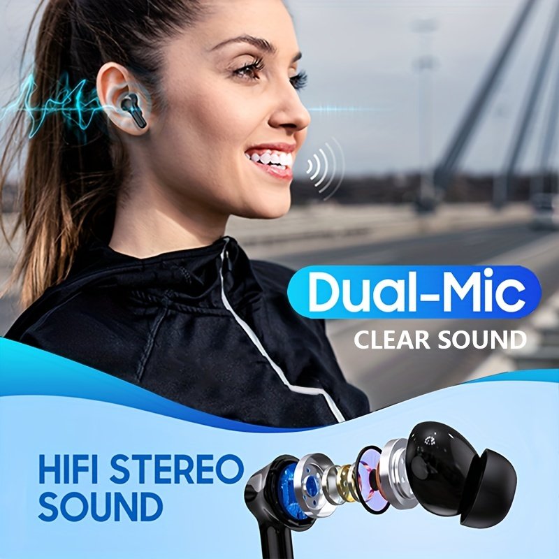 Wireless Earbuds with LCD Display, Touch Control, CVC 8.0 Noise Cancelling, Condenser Mic, Type-C Charging, Non-Waterproof Plastic Headphones for Exercise & Audio Surveillance, Compatible with Cellphones - Image 6