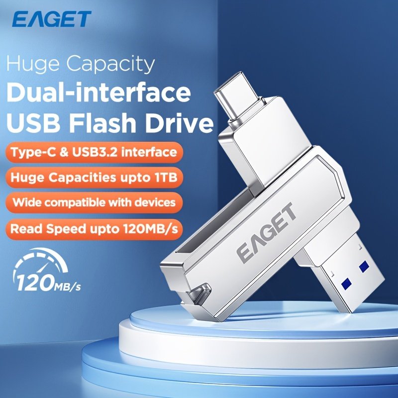 EAGET USB3.2 Flash Drive OTG 1TB Metal U Disk 360° rotates USB Memory Stick 512GB High Speed Memory Stick Pen Drive 32GB 64GB 128GB 256GB USB-A Or Typc-C Flash Drive Disk