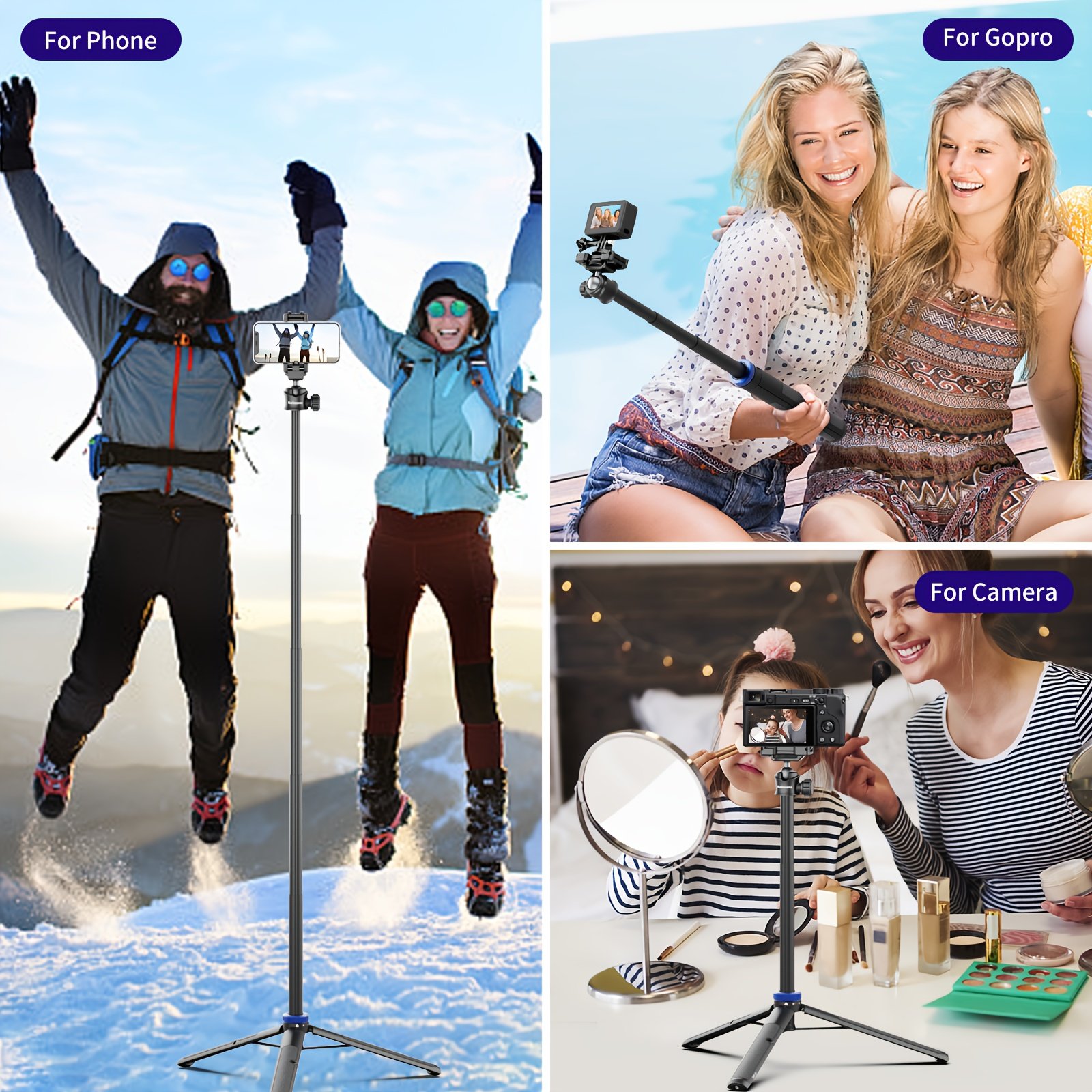 Rubesee 64-Inch Extendable Aluminum Alloy Selfie Stick Tripod, 8-Stage Adjustable Travel Stand with 2-in-1 Phone Clamp, 360° Ball Head for iPhone, Sony, Canon Cameras, Portable Vlogging Tripod - Image 8