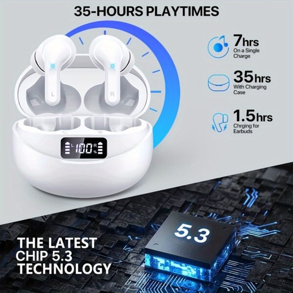 Wireless V5.3 Earbuds with 400mAh Charging Case - Hi-Fi Stereo Sound, Noise-Canceling Mic, 35-Hour Playtime, USB-C Fast Charge, Touch Control for Running, Office & Cycling - White, Workout Earbuds|Modern Earbuds|Digital Display Case, Wireless Earbuds - Image 2