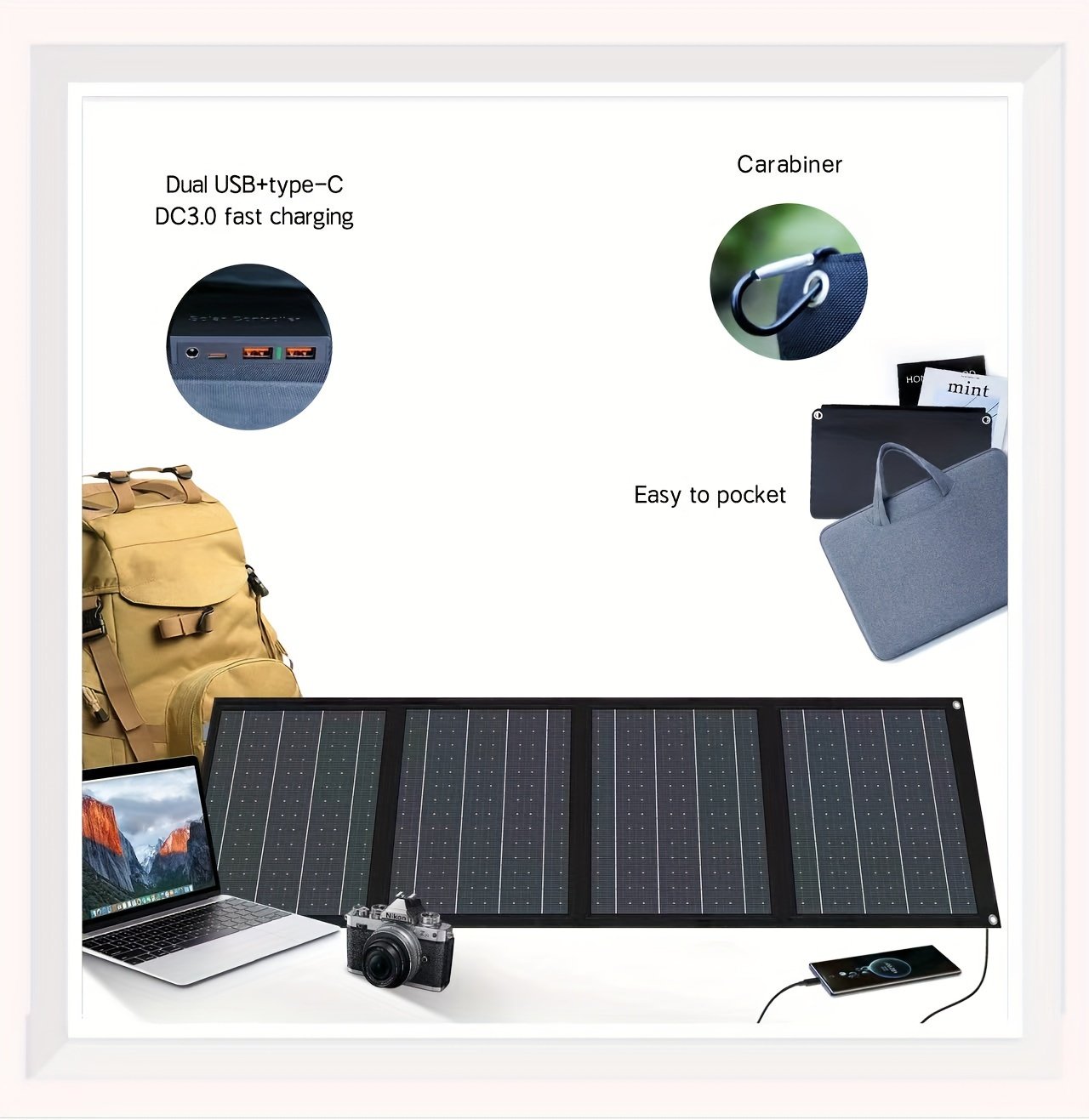 65W Solar Charger - Lightweight, Portable & Foldable with Carabiner Clip for Mobile Phones - Image 7