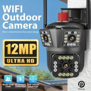 1pc 12MP Ultra HD WiFi Outdoor Camera, 3-Lens PTZ Security Monitor with 10X Zoom, 355° Rotatable Tilt, Color Night Vision, AI Motion Detection, Two-Way Audio, Wall Mount, Non-Waterproof, European Standard Plug, 110V-240V, App Control, Audio Alerts, Withou