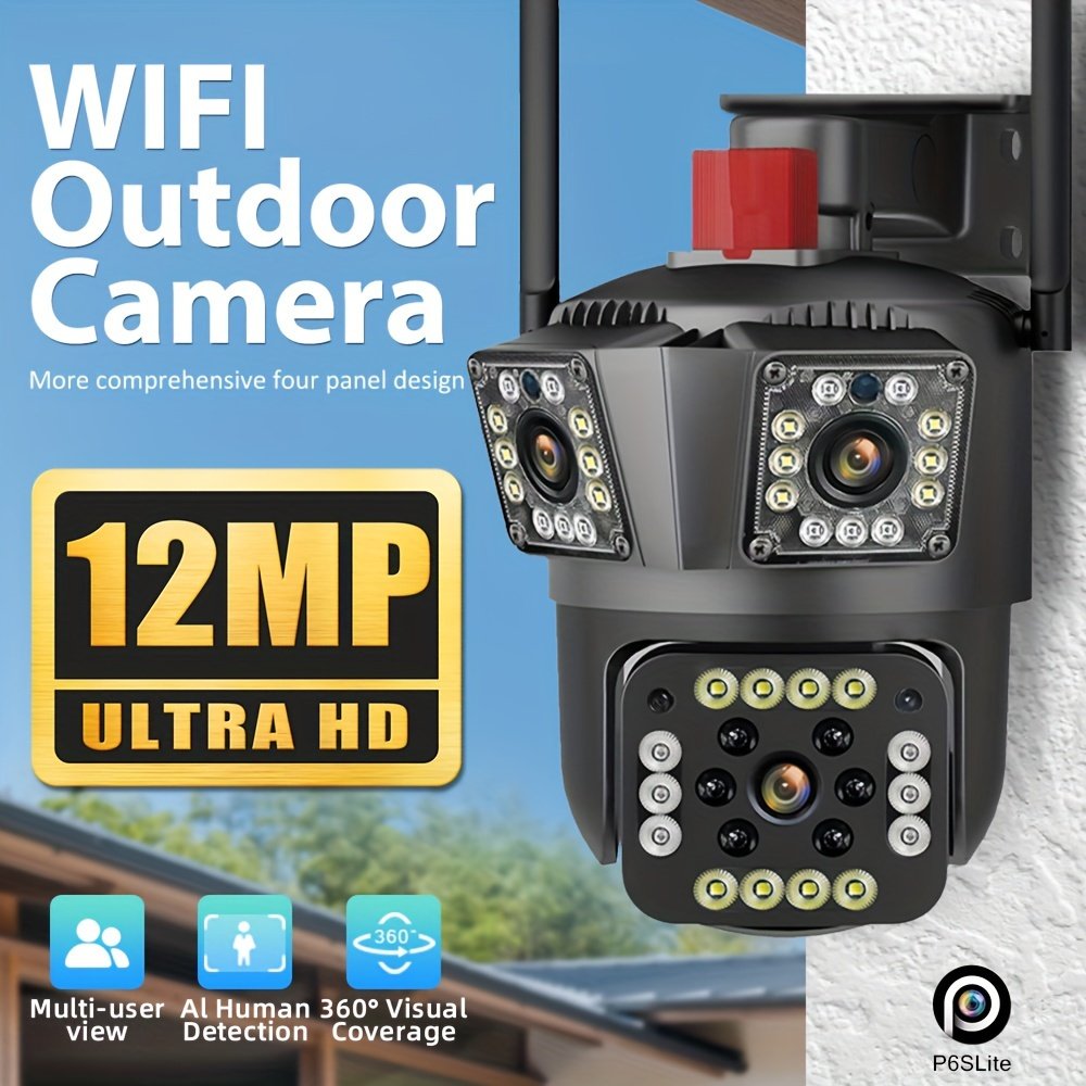 1pc 12MP Ultra HD WiFi Outdoor Camera, 3-Lens PTZ Security Monitor with 10X Zoom, 355° Rotatable Tilt, Color Night Vision, AI Motion Detection, Two-Way Audio, Wall Mount, Non-Waterproof, European Standard Plug, 110V-240V, App Control, Audio Alerts, Withou