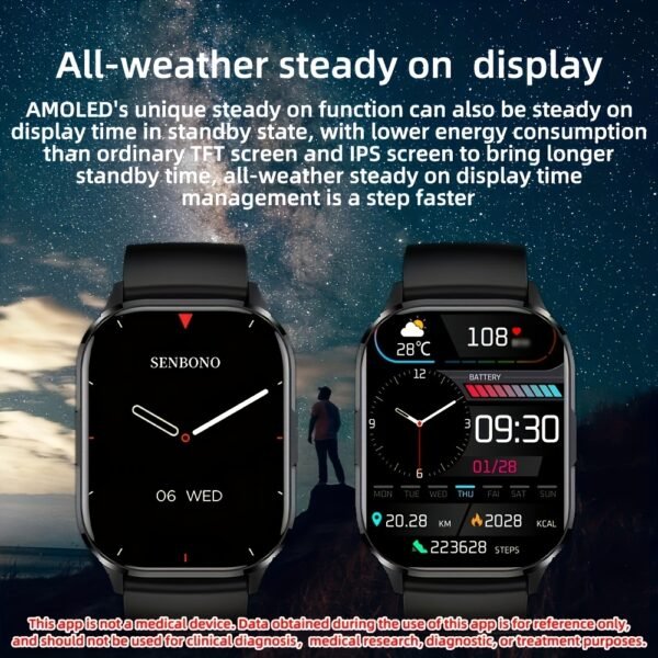 SENBONO AMOLED Smart Watch For Men, Wireless Call And Answer Call, Alway On Display HD AMOLED Screen, Multiple Sports Modes, Step, Distance, Calories Smart Watch - Image 5