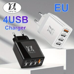HengYe 4-Port USB Wall Charger, Fast Charging Multi-Device Adapter, with QC3.0, PD, and Apple USB Power Adapter Features, European Standard Plug, 220-240V Power Supply, for iPhone, iPad, and More