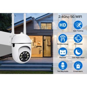 2MP Wireless Security PTZ Camera with Wifi for Outdoor Use, Featuring 4X Zoom, AI Human Tracking, Two-Way Audio, And HD Night Vision in Color.
