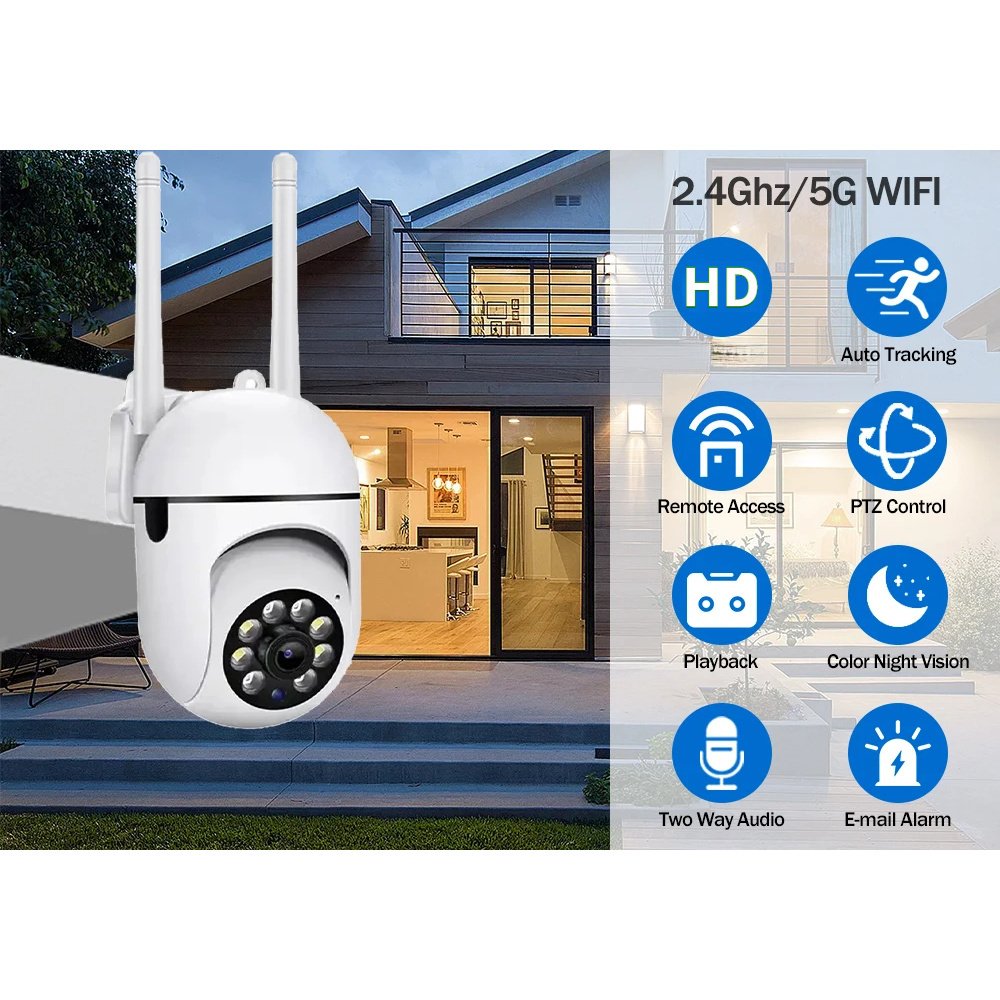 2MP Wireless Security PTZ Camera with Wifi for Outdoor Use, Featuring 4X Zoom, AI Human Tracking, Two-Way Audio, And HD Night Vision in Color.