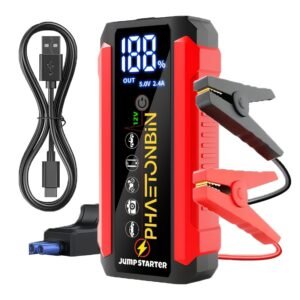 Phaetonbin Car Battery Jump Starter, 1500A Jump Starter Battery Pack, Suitable for Up to 6.0L Gasoline And 3.0L Diesel Engines, 12V Portable Jump Box with 3-Mode Flashlight, LCD Display, USB Port, And Jumper Cables.