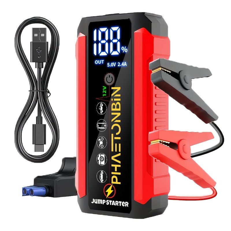 Phaetonbin Car Battery Jump Starter, 1500A Jump Starter Battery Pack, Suitable for Up to 6.0L Gasoline And 3.0L Diesel Engines, 12V Portable Jump Box with 3-Mode Flashlight, LCD Display, USB Port, And Jumper Cables.