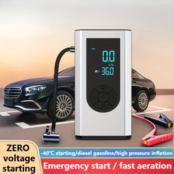Portable Wireless Car Battery Emergency Starter Inflator Pump, Auto Tire Inflator Pump, Portable Car Emergency Start Battery Power, Tire Inflator Pump, Air Compressor, LED Display, Large Capacity Storage With Emergency Flashlight - Image 2
