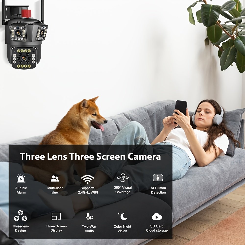 1pc 12MP Ultra HD WiFi Outdoor Camera, 3-Lens PTZ Security Monitor with 10X Zoom, 355° Rotatable Tilt, Color Night Vision, AI Motion Detection, Two-Way Audio, Wall Mount, Non-Waterproof, European Standard Plug, 110V-240V, App Control, Audio Alerts, Withou - Image 10