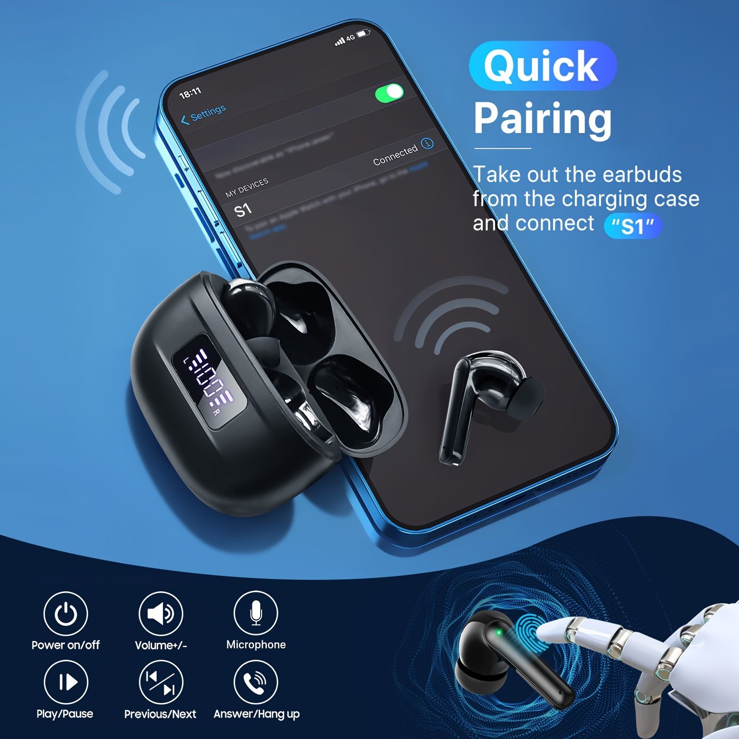 Wireless Earbuds, Bass Stereo Earbuds, Earbuds with Noise-Cancelling Microphone LED Display, In-Ear Earbuds, 36 Hour Playback Time, for Laptops and Mobile Phones, Sports & Fitness, Black. - Image 8