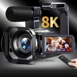 Ourlife 8K Ultra HD Video Camera, 64MP WiFi Infrared Night Vision Vlog Camera with 18x Digital Zoom, Touchscreen, External Microphone, Shade Cap, Stabilizer, Remote, Light, Touch Pen, 64G Storage Card, 4K Video Capture, Rechargeable Battery, USB Power, Wi