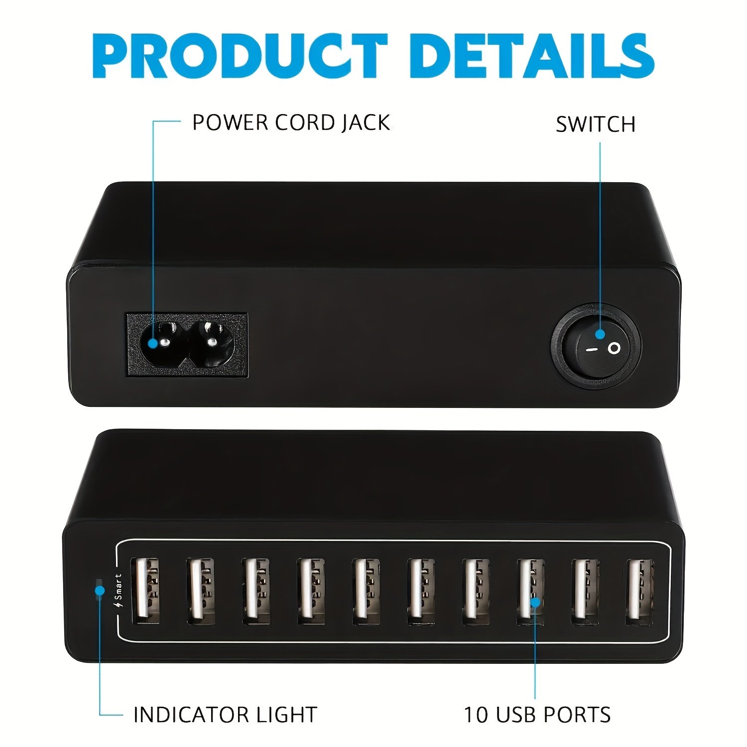 60W Fast Charging 10 Port USB Power Charging Hub PowerPort Multi-Port USB Charger EU Standard Smart Multi Protect VoltageBoost, Power Wall Station, for Samsung Tablet, iPad, iPhone and Other USB Charging - Image 3
