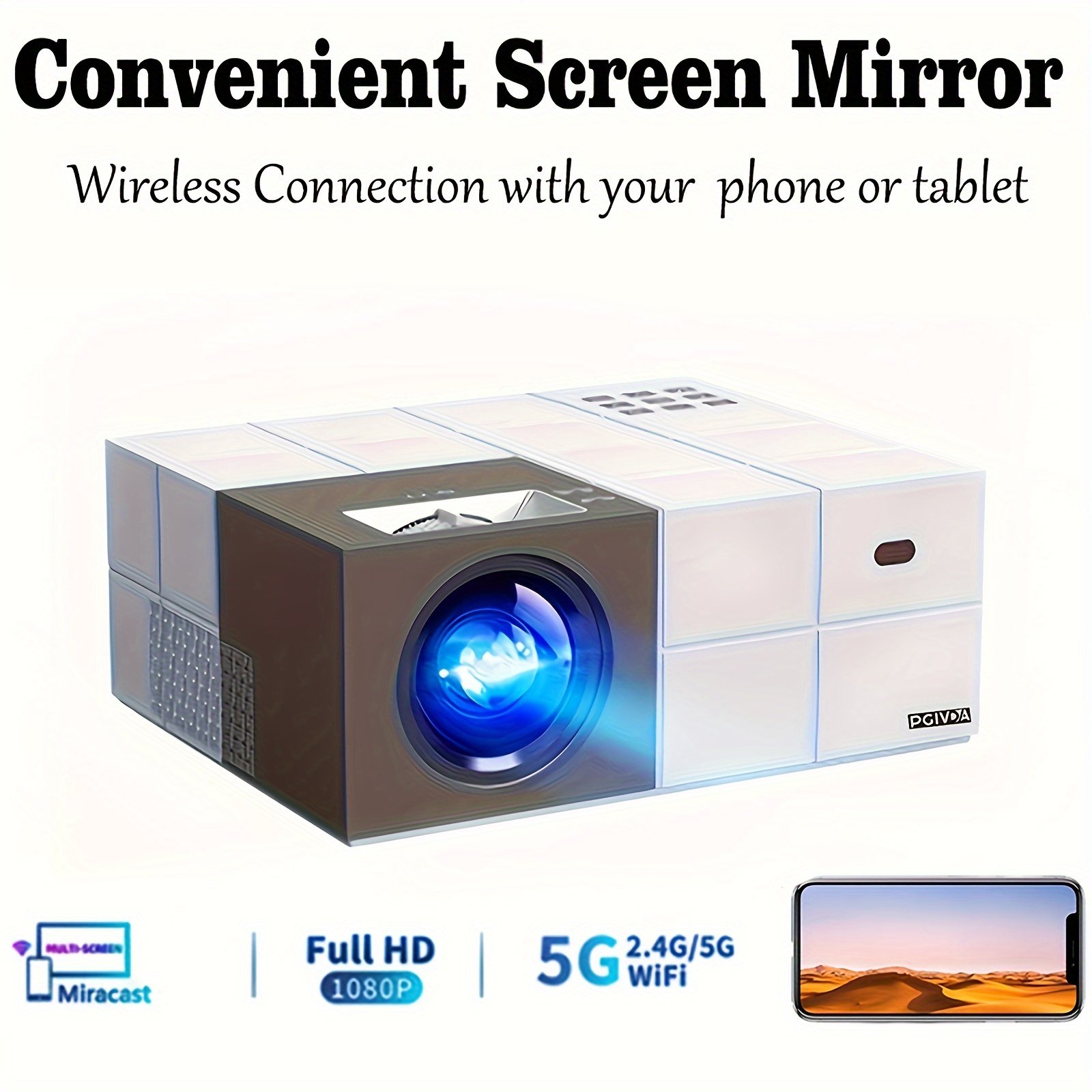 PGIVDA 4K Full HD 1080P Video Projector, Table Mount, LCD Display, 16:9 Aspect Ratio, Button Control, Wireless Connectivity, Display Port, 3000+ Lumen Brightness, 220-240V European Plug, for Home Theater & Presentations - Image 6