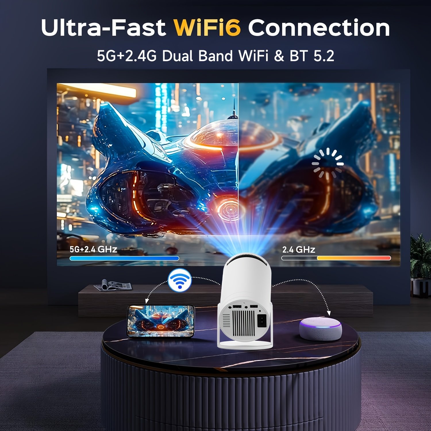 XYA Projector with WiFi6 & Wireless5.2, Portable Projector Supports 1080P video decoding Max 3.3 meter Display Zoom, 180 Rotatable Movie Video Home Theater Projector Compatible with USB/Phone/Laptop - Image 6