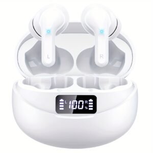 Wireless V5.3 Earbuds with 400mAh Charging Case - Hi-Fi Stereo Sound, Noise-Canceling Mic, 35-Hour Playtime, USB-C Fast Charge, Touch Control for Running, Office & Cycling - White, Workout Earbuds|Modern Earbuds|Digital Display Case, Wireless Earbuds
