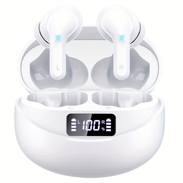 Wireless V5.3 Earbuds with 400mAh Charging Case - Hi-Fi Stereo Sound, Noise-Canceling Mic, 35-Hour Playtime, USB-C Fast Charge, Touch Control for Running, Office & Cycling - White, Workout Earbuds|Modern Earbuds|Digital Display Case, Wireless Earbuds
