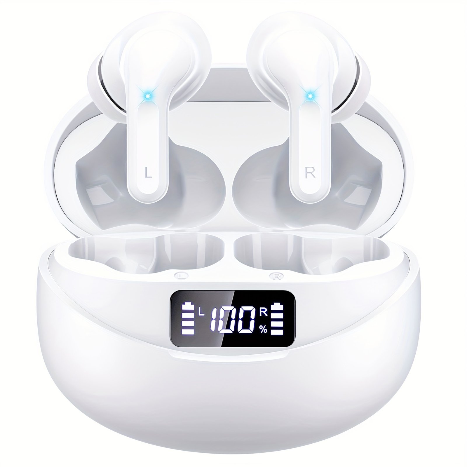 Wireless V5.3 Earbuds with 400mAh Charging Case - Hi-Fi Stereo Sound, Noise-Canceling Mic, 35-Hour Playtime, USB-C Fast Charge, Touch Control for Running, Office & Cycling - White, Workout Earbuds|Modern Earbuds|Digital Display Case, Wireless Earbuds