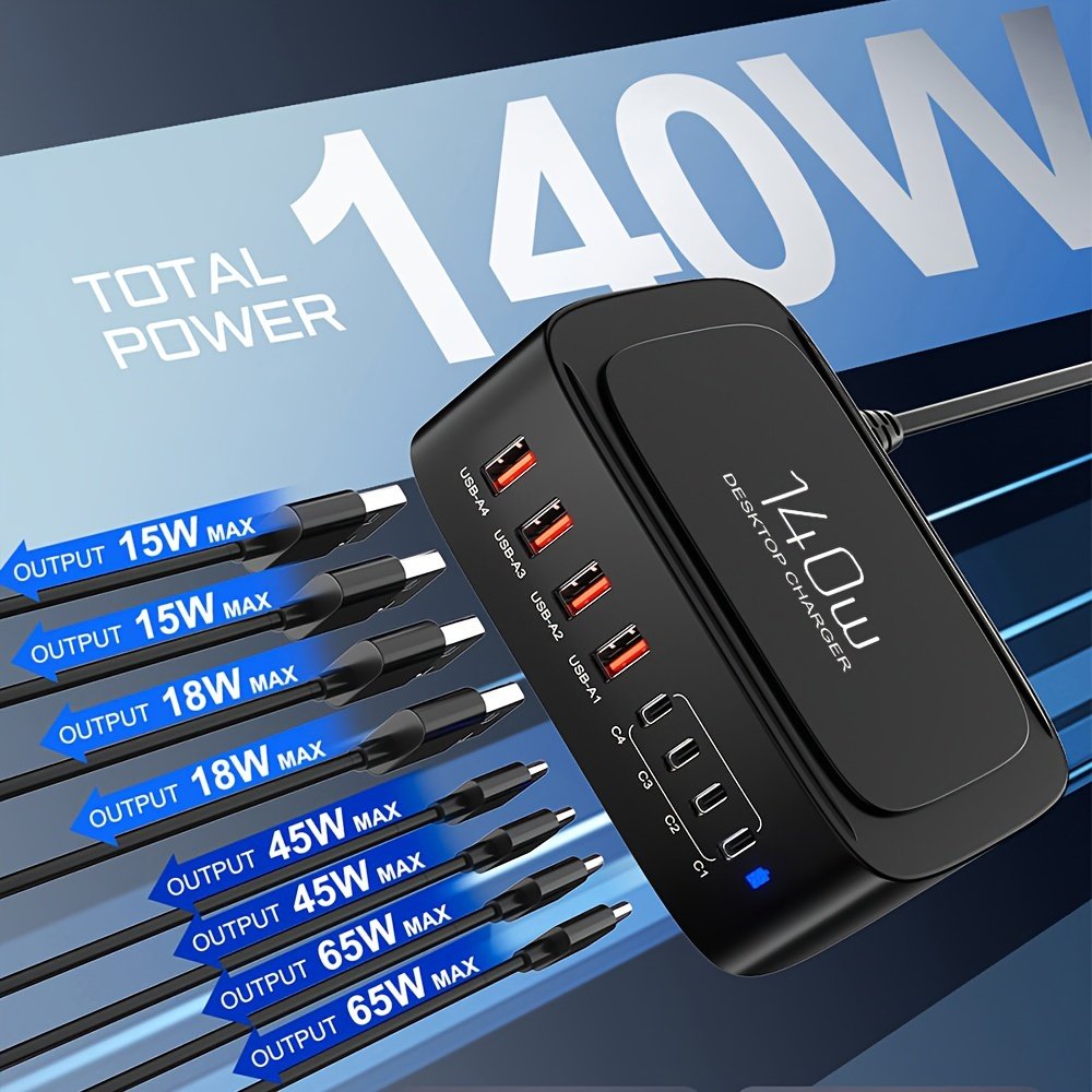 1pc 140W 4-in-1 Multi-Port Fast Charger, USB-C & QC 3.0 Compatible, Universal Charging Station for Smartphones, Laptops, Watches, 110V/220V European Plug, Overheat/Overload/Short Circuit Protection, Without Battery