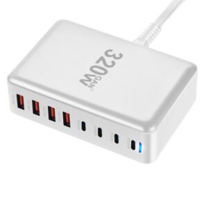 320W USB-C Wall Charger with 10 Ports, European Standard Plug, Power Supply Adapter with Charging Indicator, Quick Charge Compatible, for Smartphones, Laptops, Watches, and More with 110V/220V Dual Voltage